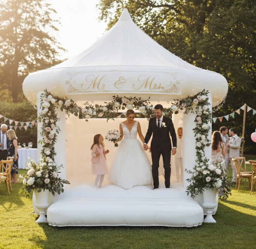 Weiße Hochzeitshüpfburg mit spitzen Türmen und Blumenarrangements im Garten.