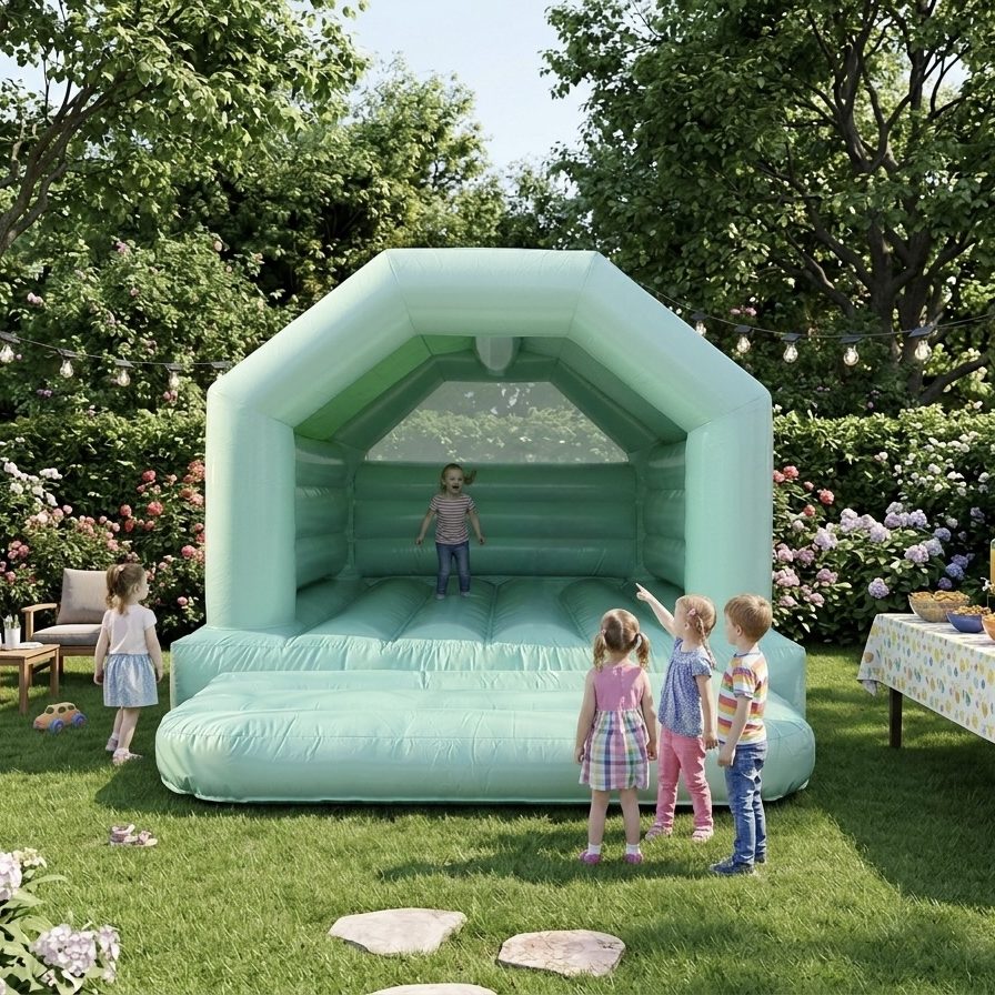 Grüne Hüpfburg mit Rutschen und Zeltspitzen, umgeben von Blumen und Bäumen.