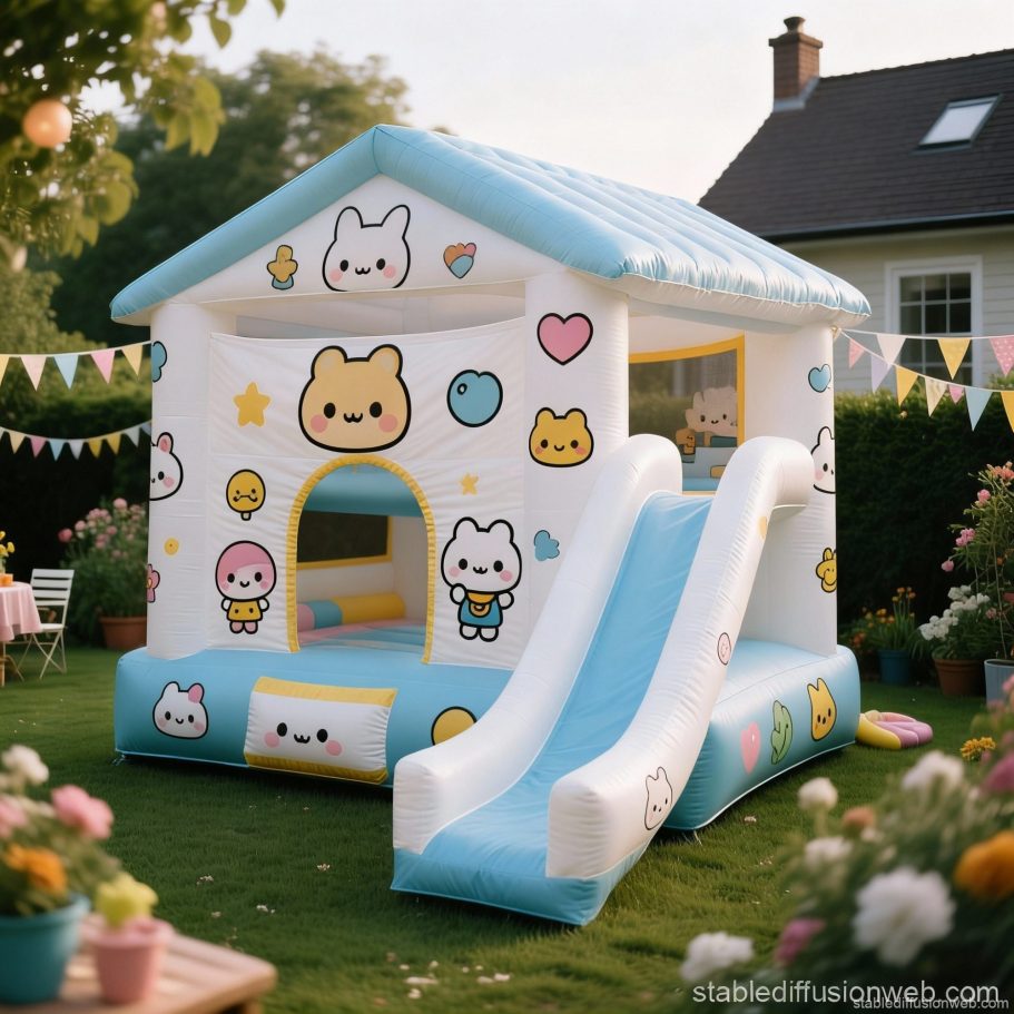Buntes Hüpfhaus im Garten mit niedlichen Kawaii Tiermotiven und einer Rutsche.