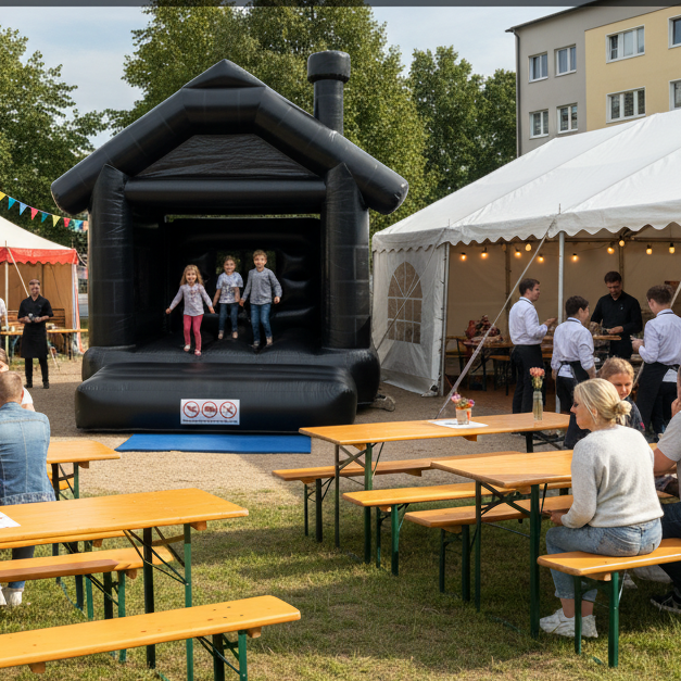 schwarze Hüpfburg in Form eines Hauses mit Kindern, Tischen und Gästen im Hintergrund.