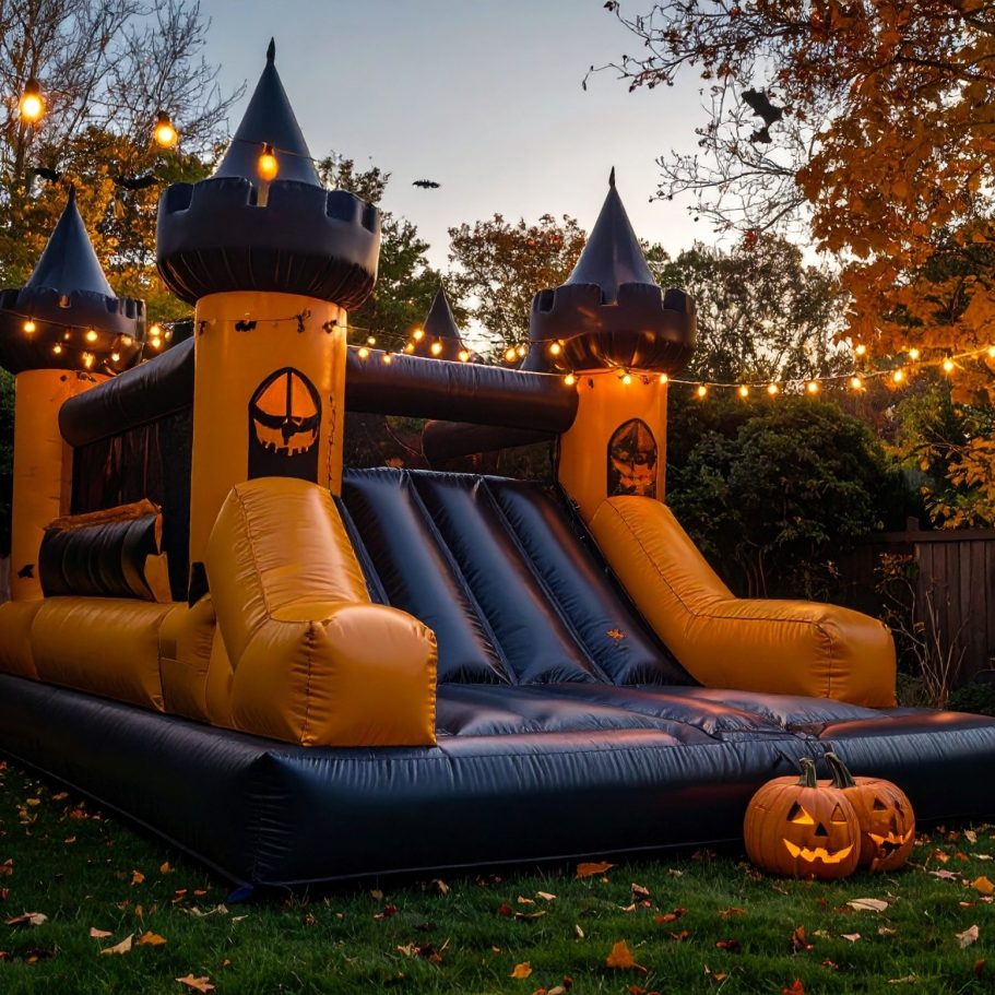 Aufblasbare Halloween-Hüpfburg mit Rutschen, umgeben von Halloween-Kürbissen und Lichtern.